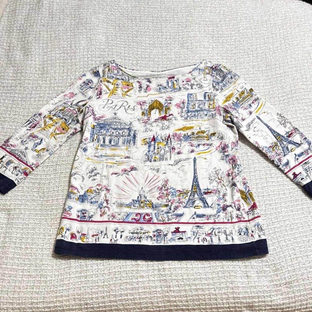 Talbots Paris Print Tee Top‎ White Petite Women's Medium Travel French Graphic